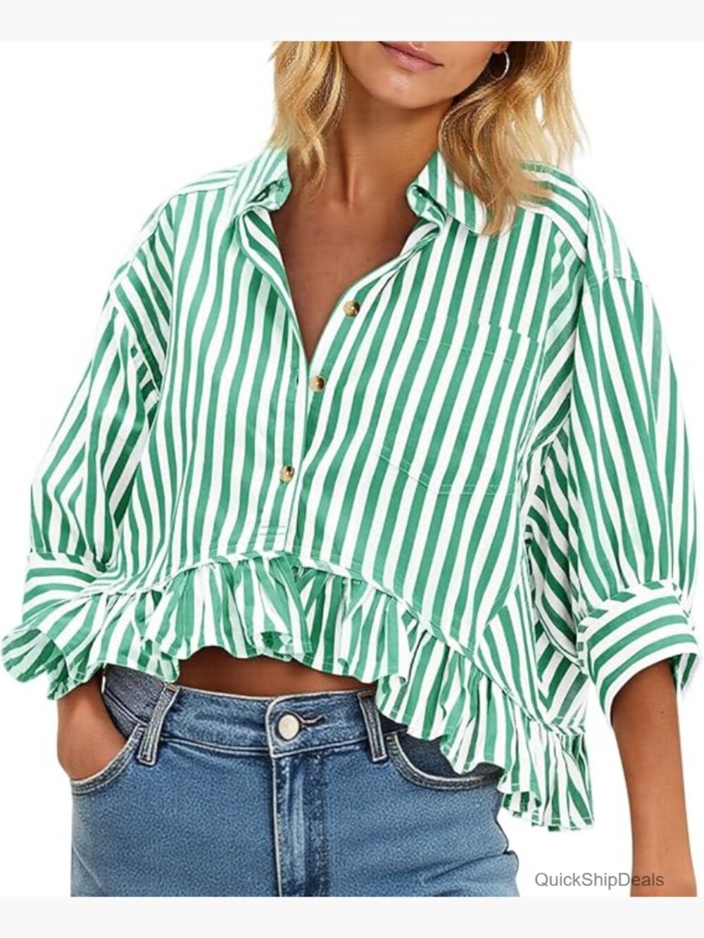 Cropped Striped Button Down Shirt Ruffle 3/4 Sleeve Blouse - Picture 1 of 7
